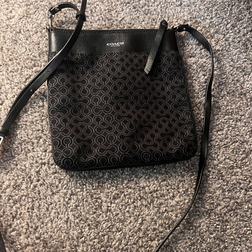 Coach Black Signature Crossbody with Leather Trim